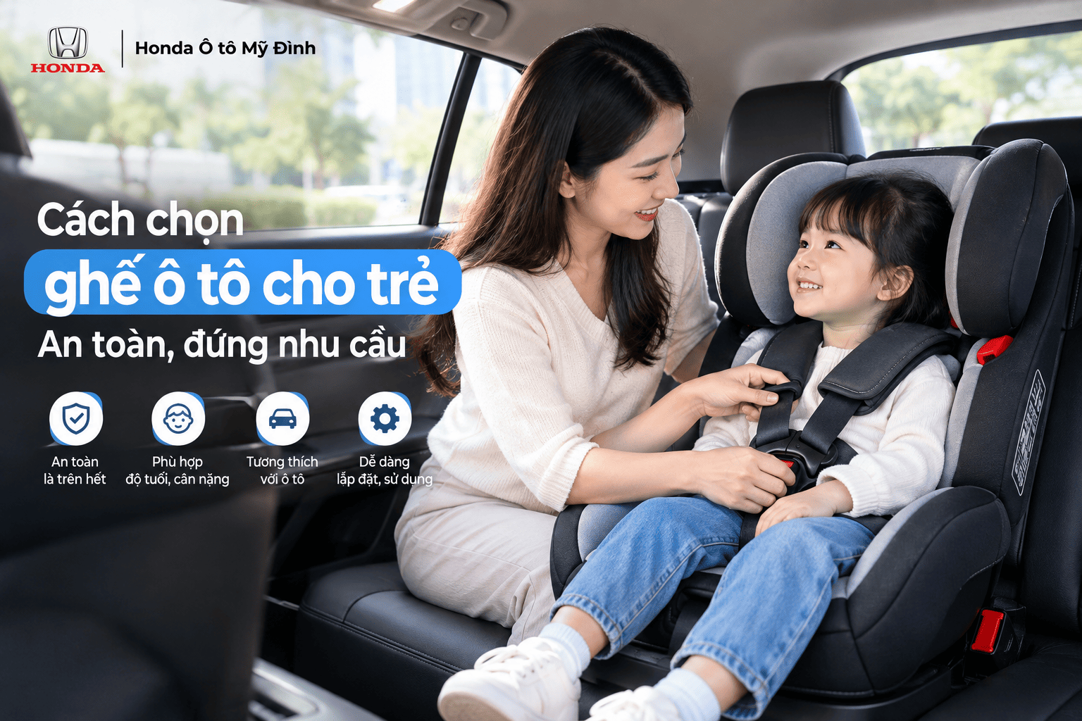 Hướng dẫn cách chọn ghế ô tô cho trẻ theo độ tuổi, chiều cao, cân nặng và tiêu chuẩn an toàn. Tìm hiểu cách lắp đặt ghế đúng cách khi đi ô tô cùng gia đình.